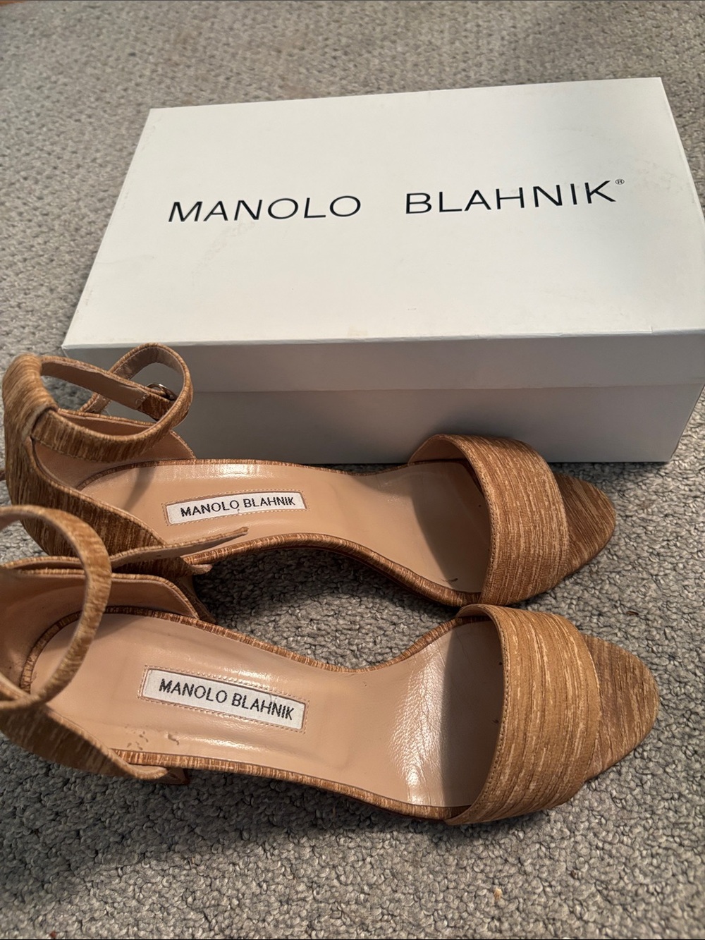 Manolo Blahnik Tan Strappy Ankle-Tie Sandals